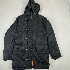 Alpha Industries Jacket Parka Mens Small Black Military Style Hood Extreme Cold